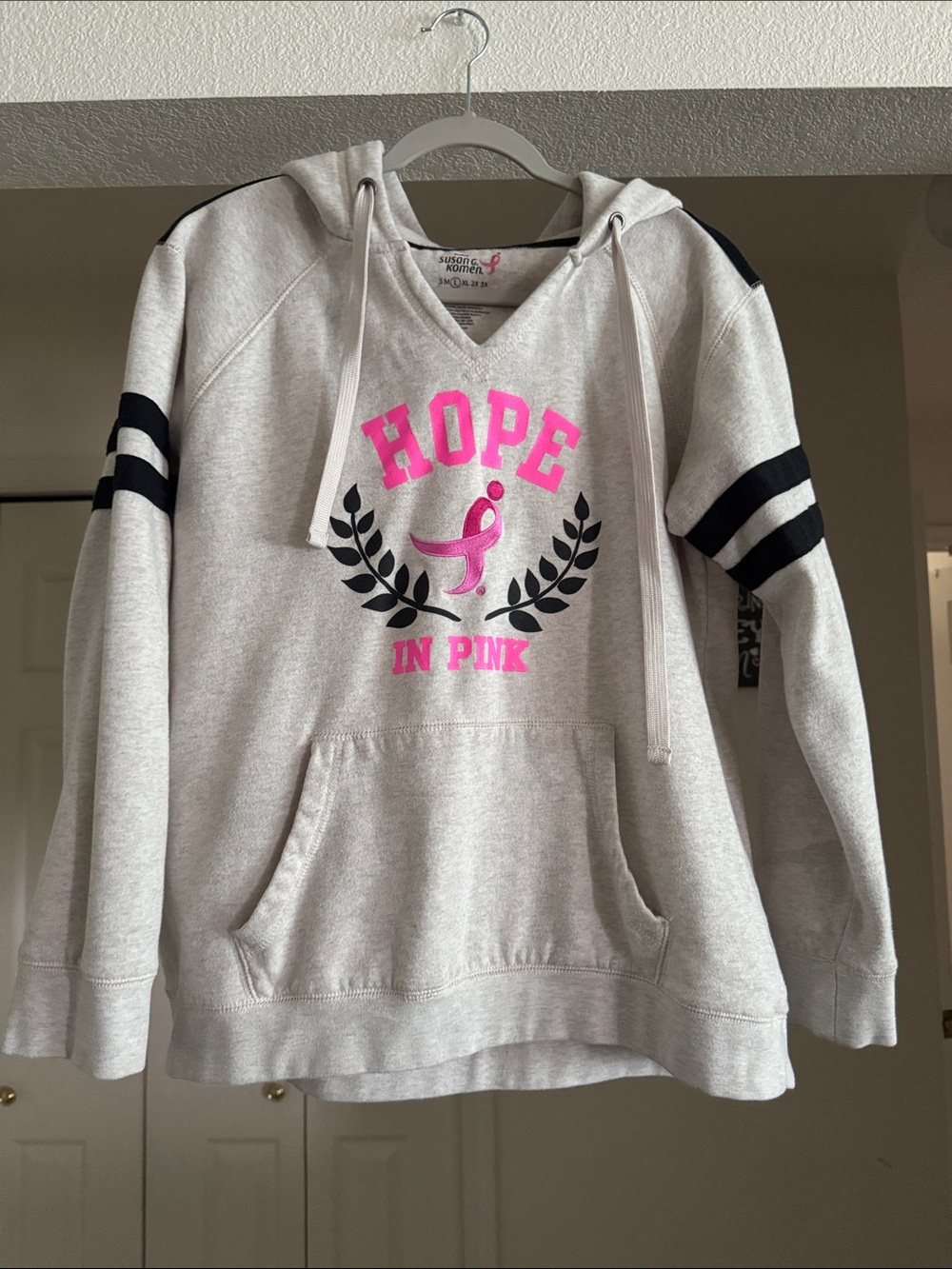 PINK Victoria's Secret Light Gray Hoodie Sweatshirt with Pink & Black Print